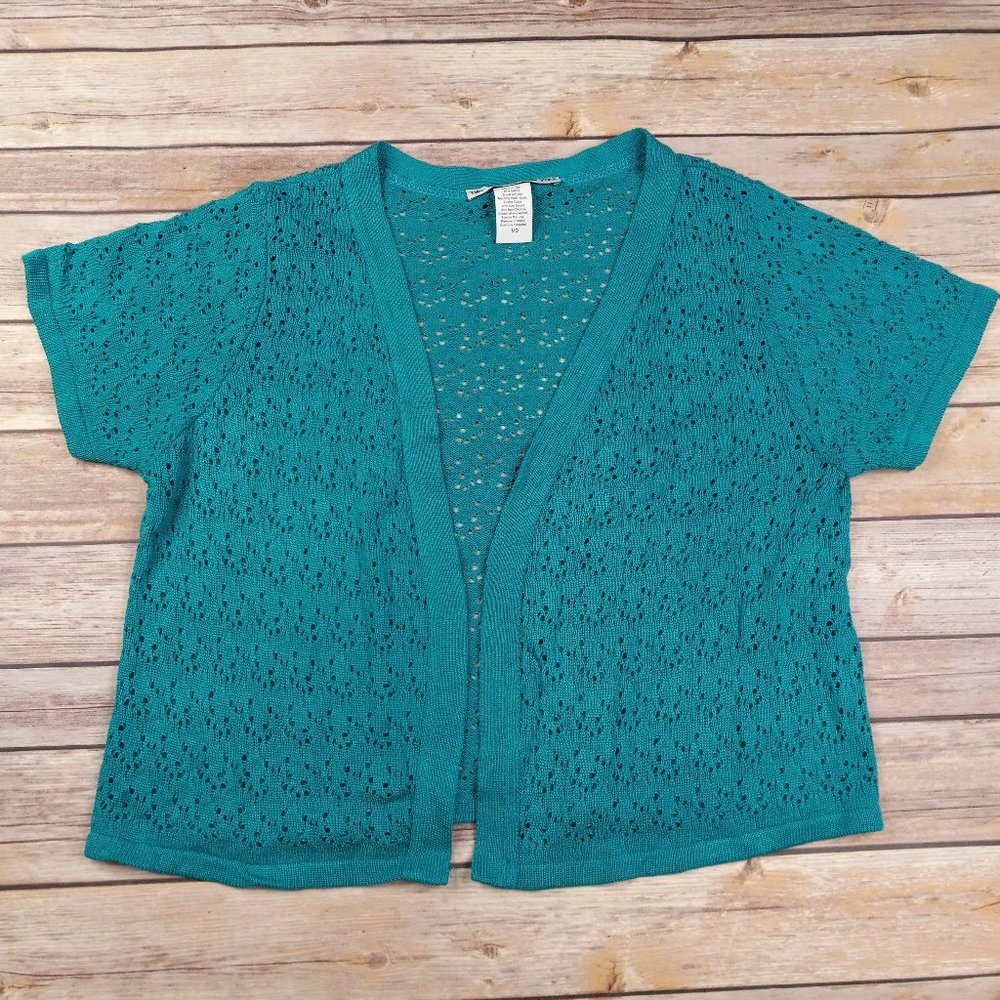 Two One Two New York M Short Sleeve Cardigan Turquoise Made In USA